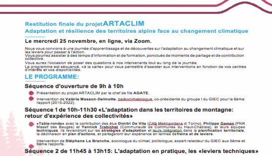 Restituzione del progetto ARTACLIM Adaptation et résilience des territoires alpins face au changement climatique